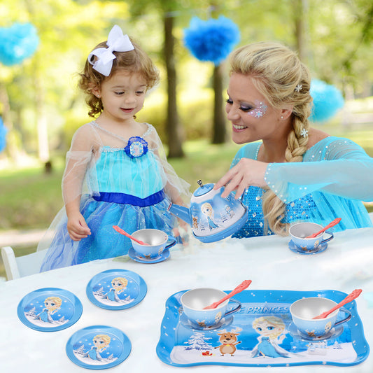 Amplov Frozen Princess Tea Party Set – 19-Piece Pretend Play Toy with Tin Tea Set, Desserts & Carrying Case – Birthday Gift for Toddlers 3-5
