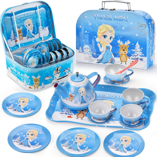 Amplov Frozen Princess Tea Party Set – 19-Piece Pretend Play Toy with Tin Tea Set, Desserts & Carrying Case – Birthday Gift for Toddlers 3-5