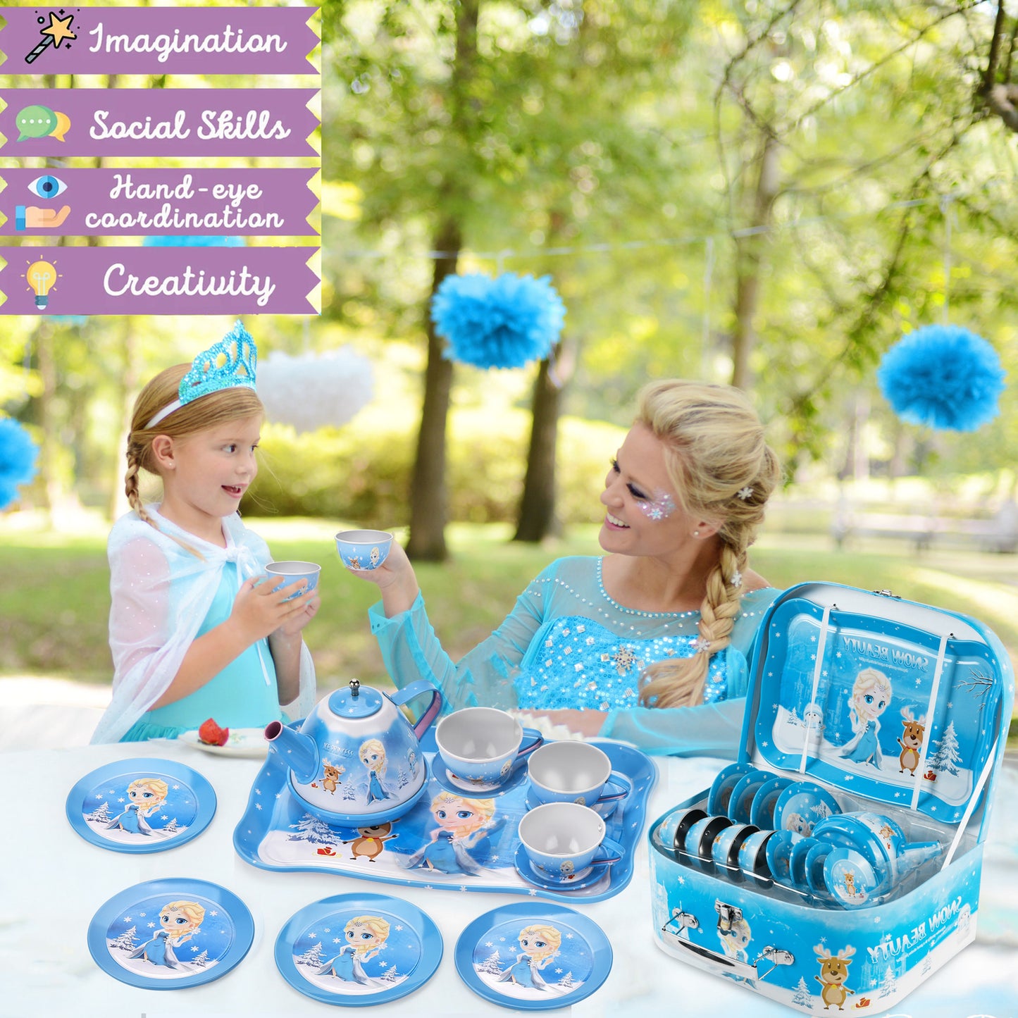 Amplov Frozen Princess Tea Party Set – 19-Piece Pretend Play Toy with Tin Tea Set, Desserts & Carrying Case – Birthday Gift for Toddlers 3-5