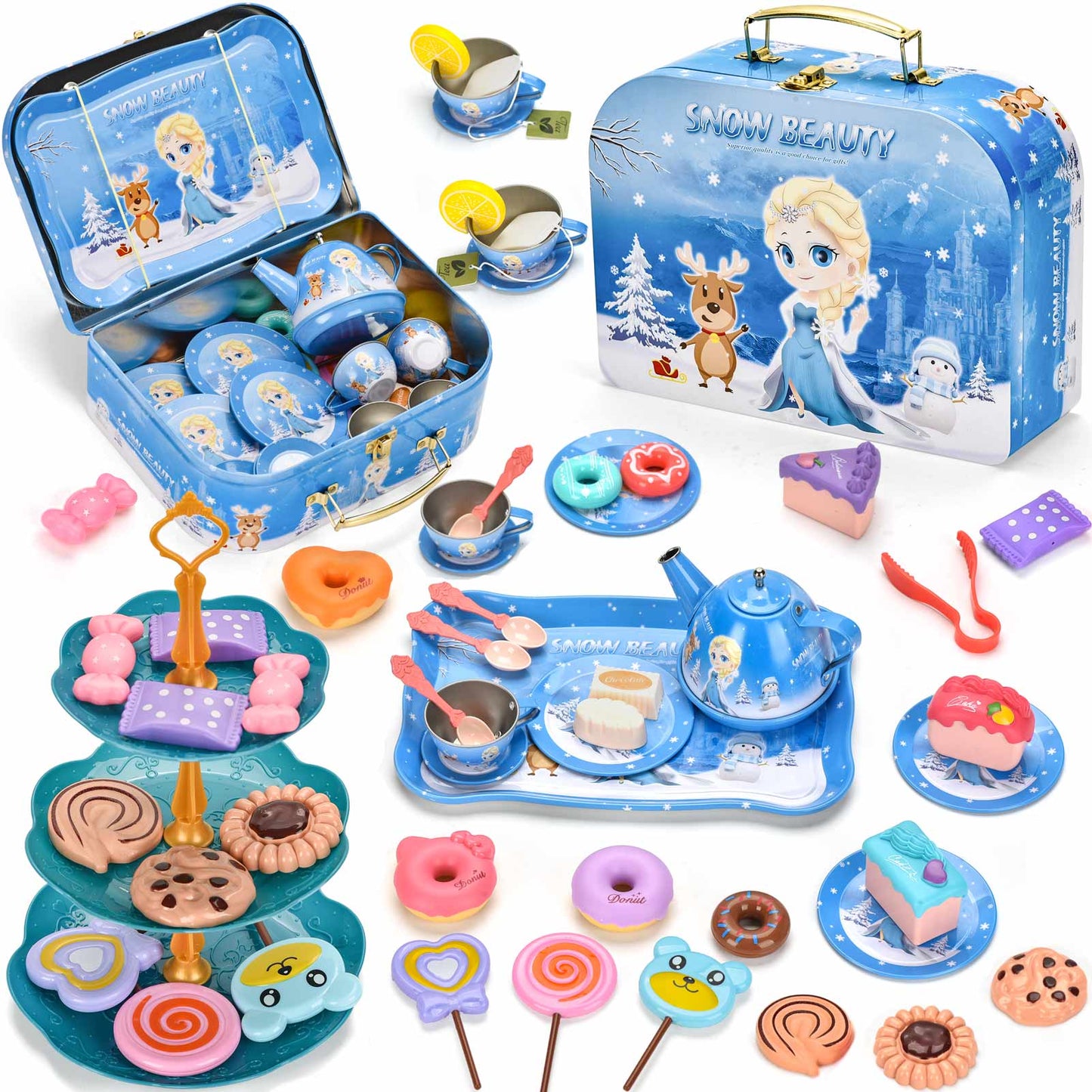 Amplov Tea Party Set for Little Girls, 52-Piece Pretend Play Tea Sets for Toddlers 3-5