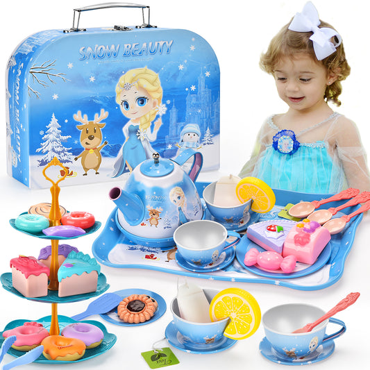 Princess Tea Party Set for Little Girls – Pretend Tin Tea Set with Case, Kitchen Toy, Birthday Gift for Ages 3-6