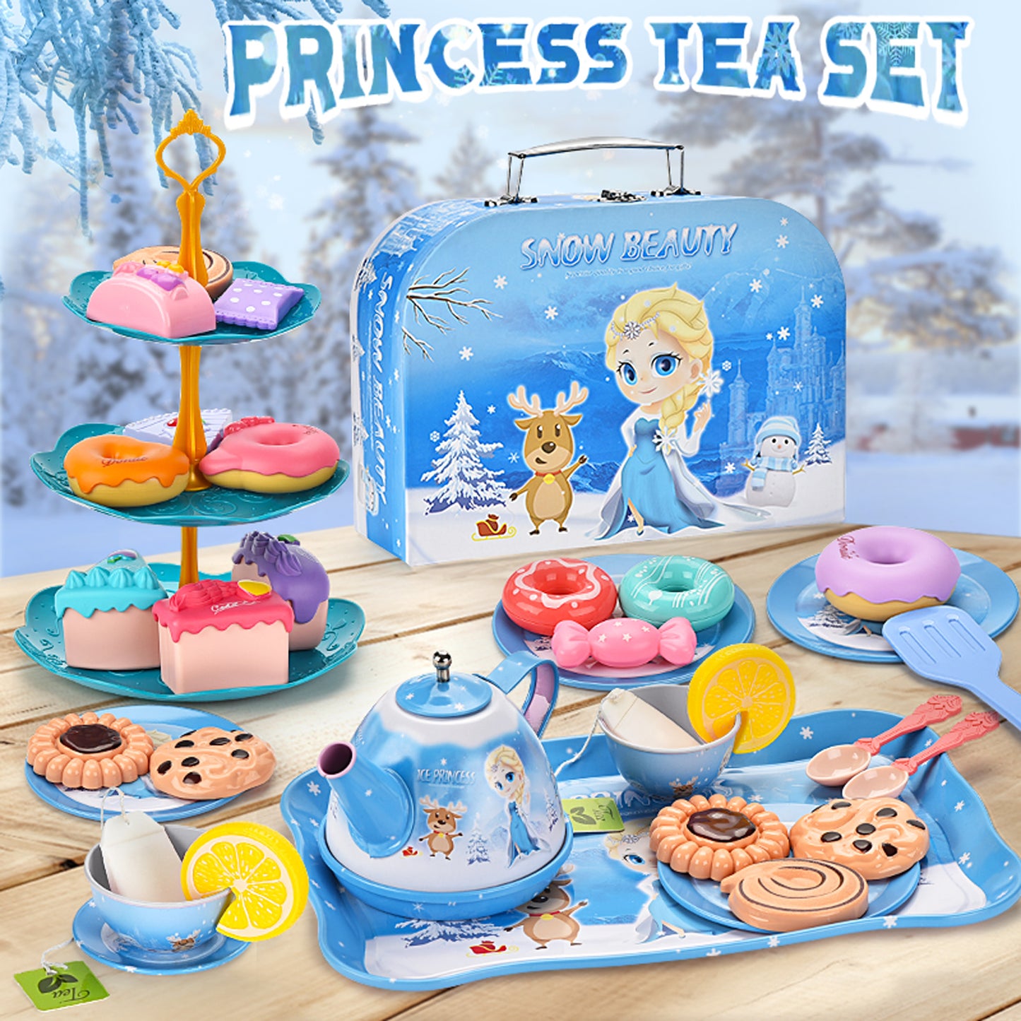 Princess Tea Party Set for Little Girls – Pretend Tin Tea Set with Case, Kitchen Toy, Birthday Gift for Ages 3-6